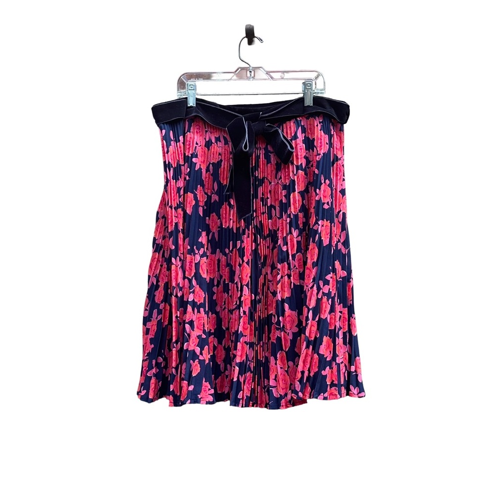 Tory Burch Skirt Silk Pleated Midi Navy Blue Pink Red Floral Velvet Waist Bow 10